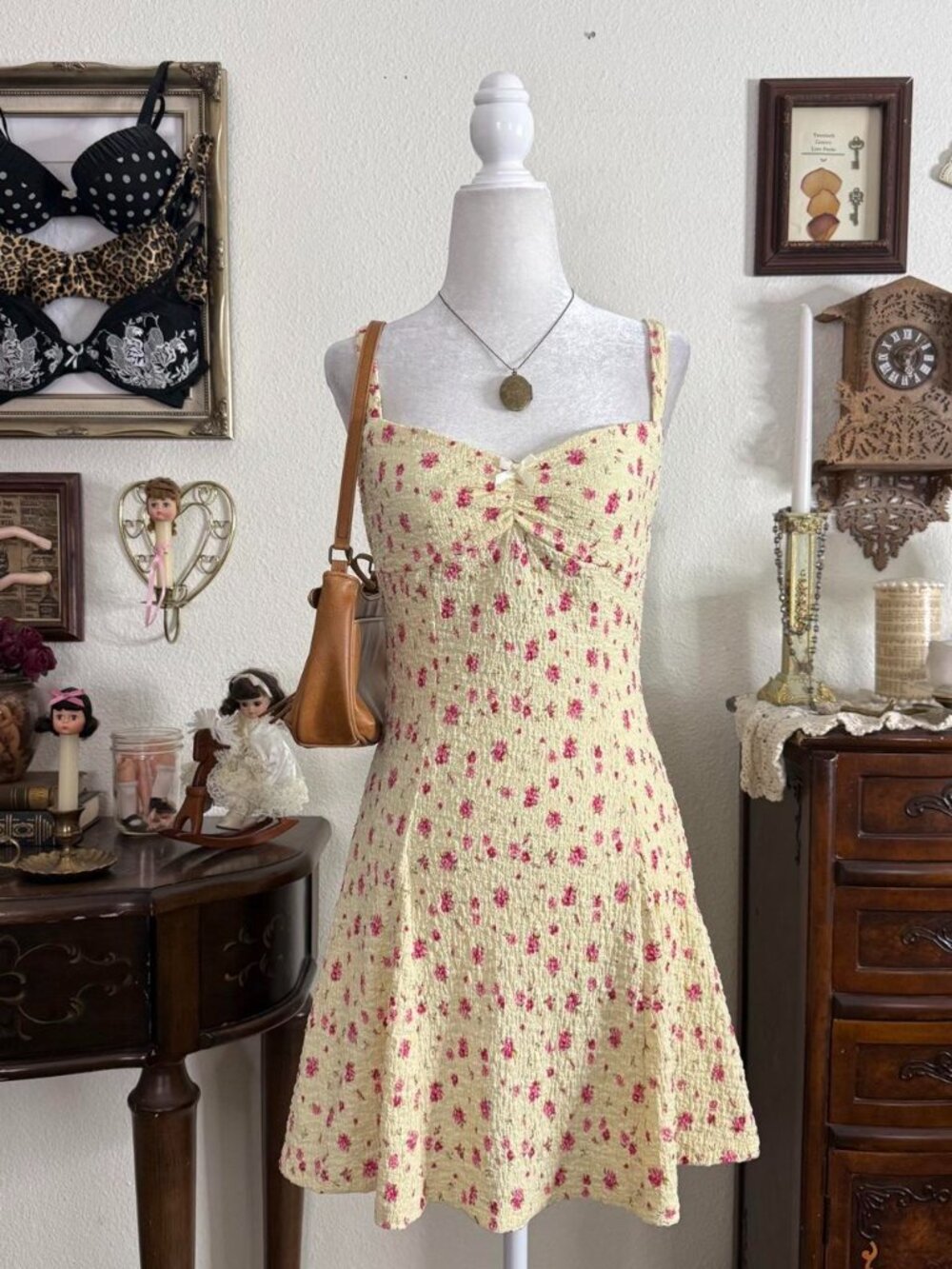 Dainty coquette fairy yellow and pink floral textured skater skirt mini dress